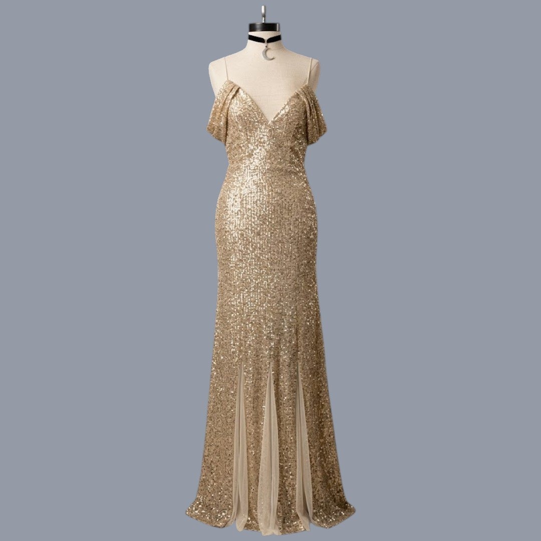 Gold Sequin Off Shoulder Mermaid Gown Maxi Dress Size 3 Stretchy Formal Prom